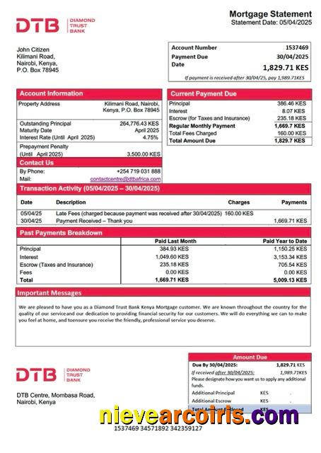 Kenya Diamond Trust Bank Kenya mortgage statement Word and PDF template